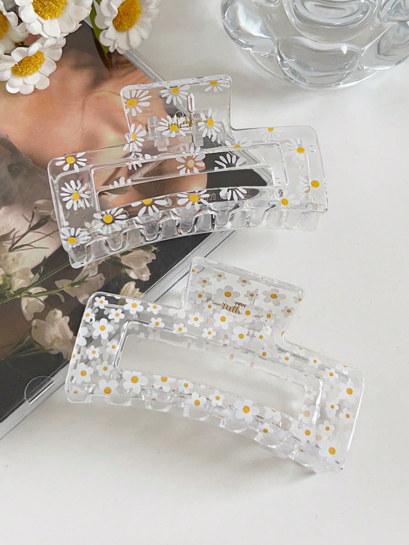 Hair Claw Clip Set - 2/6 Adet Şeffaf Çiçek Desenli Kadınlar
