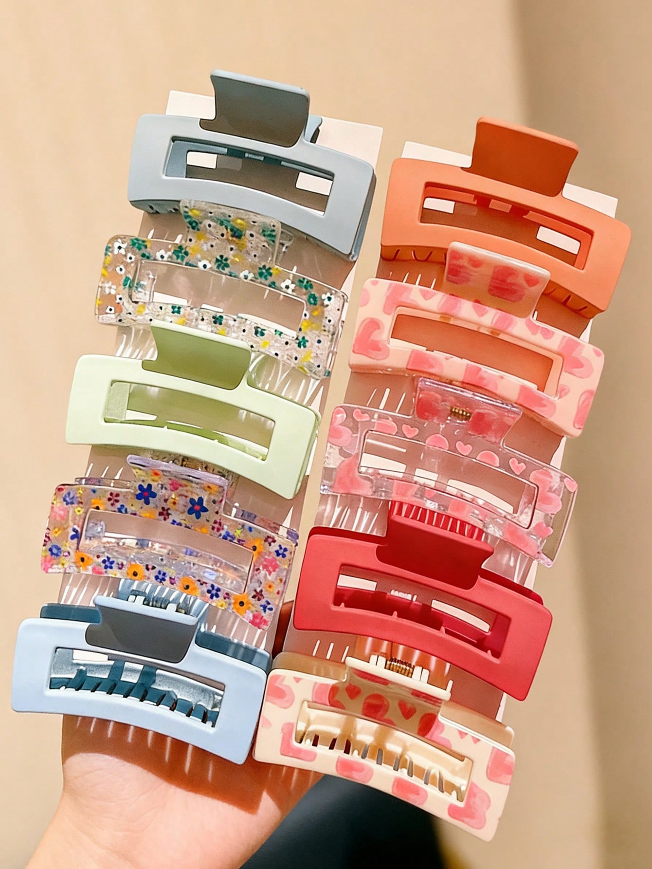 Hair Claw Clip Set - 5 adet dopamin rengi kalp baskı